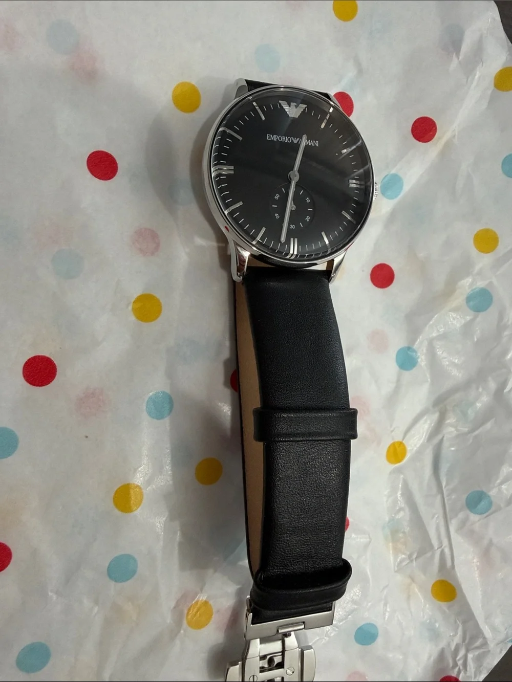 Emporio Armani Black Dial Watch with Black Leather Strap